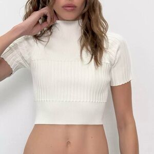 NWT Zara Ribbed Knit Crop Top with a High Neck and Short Sleeve XS White